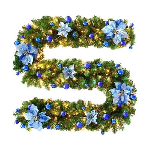 Weihnachtskranz mit Lichtern – vorbeleuchtete Weihnachtsgirlanden für | Künstliche LED-Lichterkette mit 9 Füßen, batteriebetriebene rote Girlande, Weihnachtsgirlande am Ende beleuchtet von Raxove