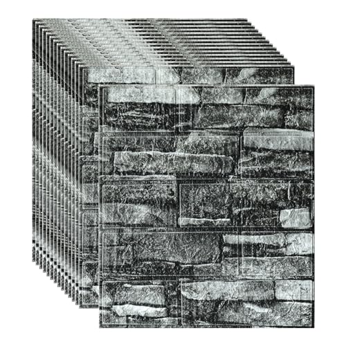 3D Wandpaneele Selbstklebend 35x39cm DIY Wasserfest Wandfliesen Steinoptik Ziegel Tapete Schaumstoff Wandaufkleber für Küchen Wohnzimmer Badezimmer Wanddeko (Schwarzer Stein, 12 Stück) von Ray-Velocity