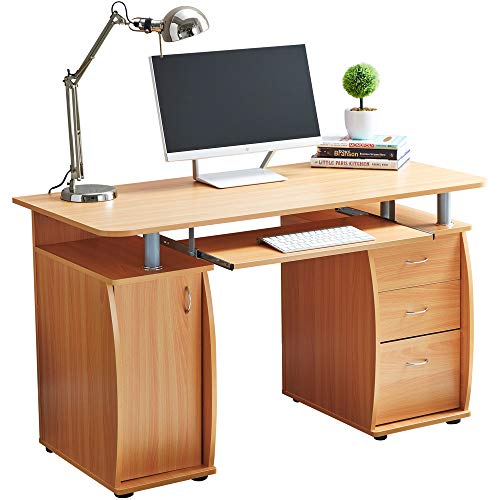 RayGar Deluxe Design Computer-Schreibtisch mit Schrank und 3 Schubladen fürs Heimbüro, Arbeitsplatz beige von RayGar
