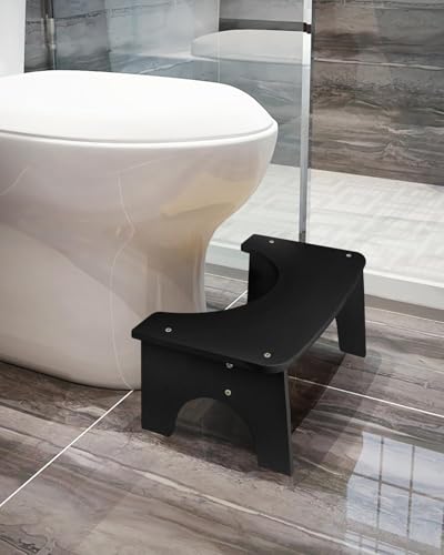 RayLove Toilettenhocker, WC Trittbrett aus Holz mit Anti Rutsch Pads, 35 Grad strapazierfähiger C-förmiger Hocker (Schwarz) von RayLove