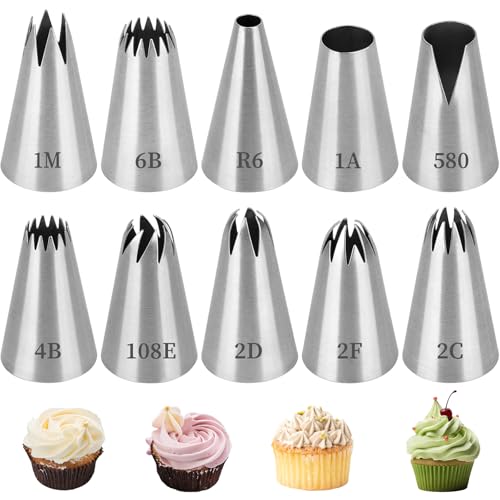 Rayakt Set Of 10 Profi Spritztüllen Große, Wiederverwendbar, GroßE Edelstahl-SpritztüLlen, Geeignet FüR Kuchen, Cupcakes, Churros Und Donuts, Kombinierbar Mit Spritzbeuteln. von Rayakt