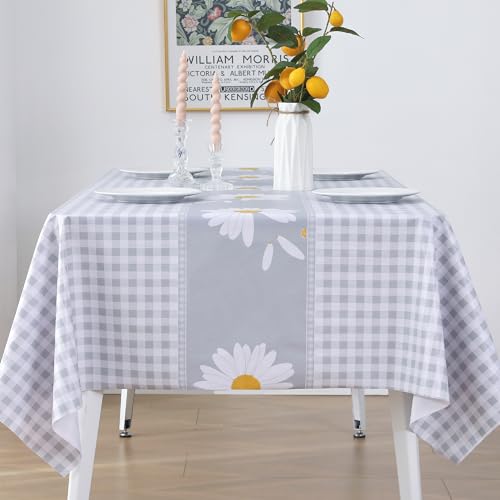 Rayapot PVC Wachstuch Wasserdicht Tischdecke, Kunststoff Abwaschbar Wachstuchtischdecke, Plastik Schmutzabweisend Tischtuch, für Küchen Esstisch Outdoor (Kariert Gänseblümchen - Grau - 140x140cm) von Rayapot