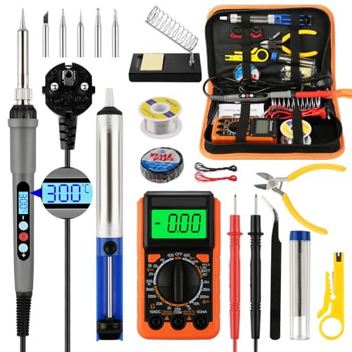 60W Lötkolben Set, Lötkolben, Lötkolben set elektronik,Temperatur Einstellbar 180-500℃,19 in 1 Lötset mit Digitalmultimeter, 5 Lötspitzen,Lötkolbenständer, Lötzinn,Entlötpumpe,Pinzette usw. von Raycial