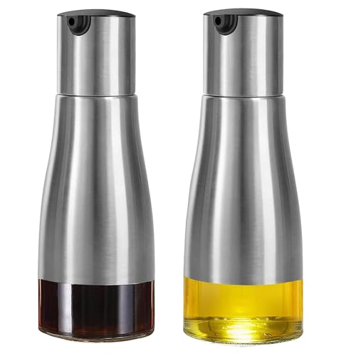 Rayconup 2 Stück Silberne Ölflasche, Olivenöl und Essigspender Set, Olivenöl Ölflaschen Spender, Essig und Ölflaschen Set mit Edelstahl Glasboden, Öl und Essig Spender für Küche BBQ (320ml) von Rayconup