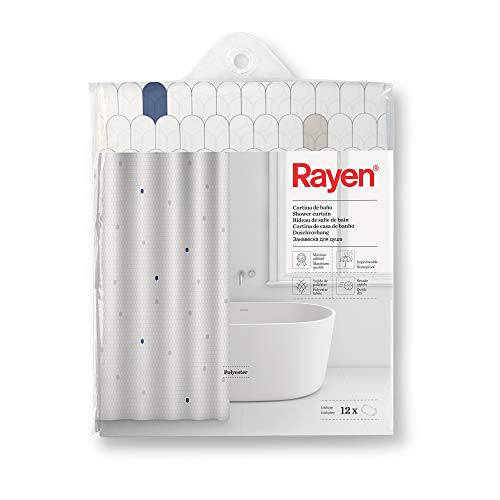 Rayen | Badevorhänge | Duschvorhang oder Badewanne | Wasserdicht | Polyester | Schnell trocknend | Undurchsichtig, PVC-Ringe | inkl. 12 Haken | 180 x 200 cm | weiß mit blauen Zellen von Rayen