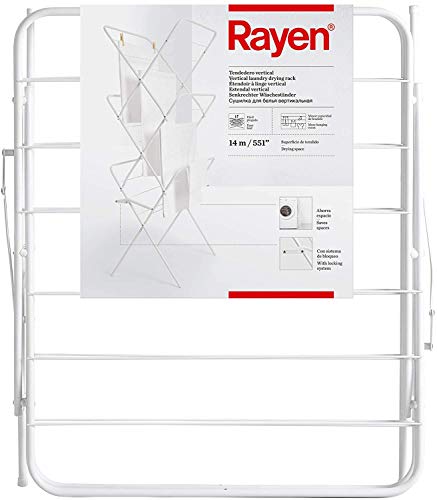 Rayen Vertikale Wäscheleine | Einfach zusammenklappbar | 14 m Liegefläche | Mit Beinverriegelungssystem | Mit Antirutsch-Stopps | 61 x 138 x 44,5 cm, Edelstahl, weiß, 61x138x44,5 cm von Rayen