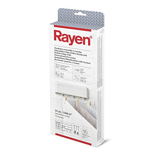 Rayen | Ausziehbarer ABS-Wäscheständer | 3 unabhängige Schnüre | Automatisches Einziehen der Schnüre | Wäscheständer für Innen und Außen | 15 m Trockenfläche | 28,5 x 11,5 x 3,5 cm | Weiß von Rayen