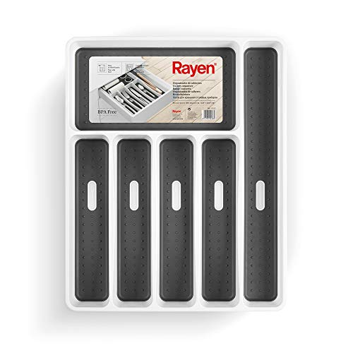 Rayen | Besteck-Organizer | 6 Fächer | Schubladenorganizer für die Küche | Anti-Rutsch-Füße | Polypropylen | Weiß | Maße: 40x32.5x5 cm von Rayen