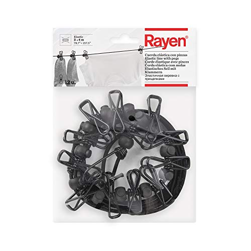 Rayen 0340 elastische Schnur Maße von m Länge | 12 Klammern enthalten | geeignet zum Aufhängen von Kleiderbügeln | Clips, Polyesterseide, Latex, Metal, Schwarz, 2 a 4 metros, 2 von Rayen
