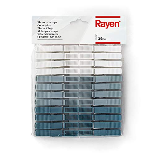 Rayen | 24 Kunststoff Wäscheklammern | Maximaler Halt | rutschfest | Schonend für Kleidung | Weiß/Grau/Blau | Größe: 9 x 1 x 1 cm | XXL von Rayen