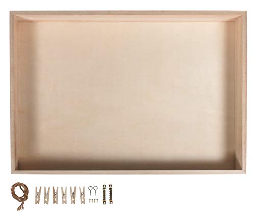Rayher Hobby Rayher 62817000 Holz-Rahmen mit Holz-Rückwand, 36x25 cm, Tiefe 5 cm, mit Kordel, Aufhänger, Schrauben, Klammern für Dekorationen, ohne Glas, Beige, Groß von Rayher