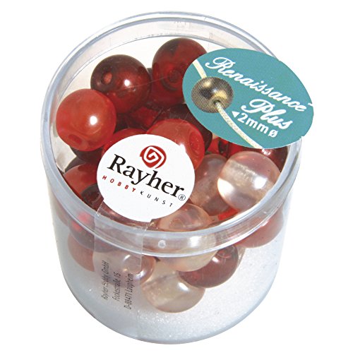 RAYHER 14472000 Renaissance Glaswachsperlen, halbtransparent, 10 mm mit Großloch, Dose 32 Stück, rot mix von Rayher