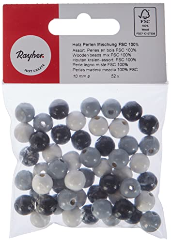 Rayher 1252200 Holz Perlen Mischung FSC 100%, 10 mm ø, poliert, SB-Btl 52 Stück, schwarz/weiß Töne, lutsch- und speichelfest von Rayher