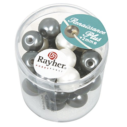 Rayher 14438000 Renaissance Glaswachsperlen, 10 mm, Dose 32 Stück mit Großloch, weiß / grau mix von Rayher