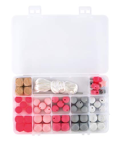 Rayher 14860258 Silikonperlen sortiert, rosa, hellgrau, weiß, schweiß- und speichelecht, Box mit 61 Teilen, inklusiv Fädelschnur von Rayher