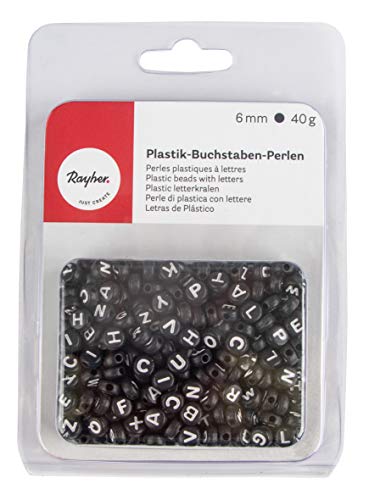 Rayher 16054576 Plastik-Buchstaben-Perlen, rund, 6 mm ø, schwarz, 2seitig schwarze Buchstaben, 40 g (ca. 400 Stück), Speichel- und Schweißecht, Perlen für Schmuck und zum Basteln von Rayher