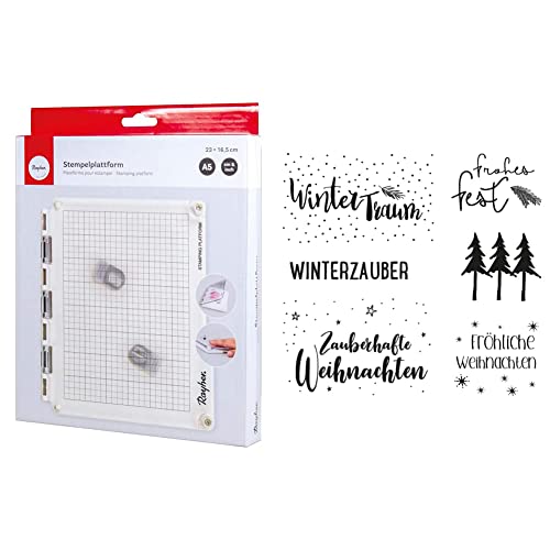 Rayher 29210000 Stempelplattform A5, Weiß & Clear Stamps Weihnachtsgrüße, 6 Motive, klar, transparente Stempel, durchsichtig, Silikonstempel, 50221000, Weiß, Bogen 102,5 x 97 mm von Rayher