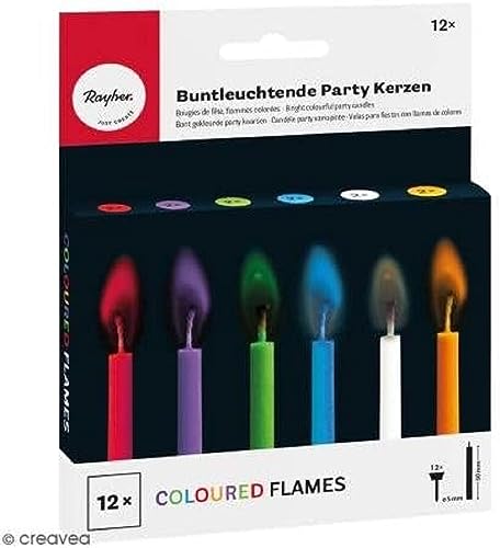 Rayher 31587000 Buntleuchtende Party Kerzen, Länge 5,5 cm, 5 mm ø, Karton 12 farbige Kerzen inklusiv Halter, Partykerzen mit bunter Flamme von Rayher