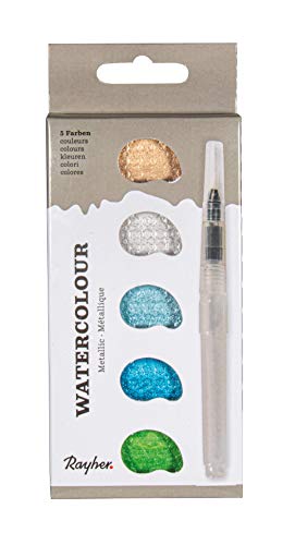 Rayher 38615405 Watercolour Metallic, 5 Blau/Grüntöne, inklusiv H2O Pinsel, hochwertige glänzende Metallic-Aquarellfarben, Wasserfarben von Rayher