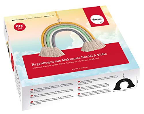 Rayher 55946999 Bastelpackung Makramee Regenbogen, Kordel und Wolle, ca. 25 x 20 cm, Regenbogen Dekoration von Rayher