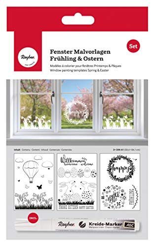 Rayher 70037000 Malvorlagen für Fensterdeko mit Kreidemarker, Fensterbilder zum Malen für Frühling und Ostern, 3 Vorlagen mit Kreidestift, 59,4x84 cm von Rayher