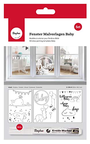 Rayher 70039000 Malvorlagen für Fensterdeko mit Kreidemarker, Fensterbilder zum Malen für Geburt und Baby, 3 Vorlagen mit Kreidestift, 59,4x84 cm von Rayher