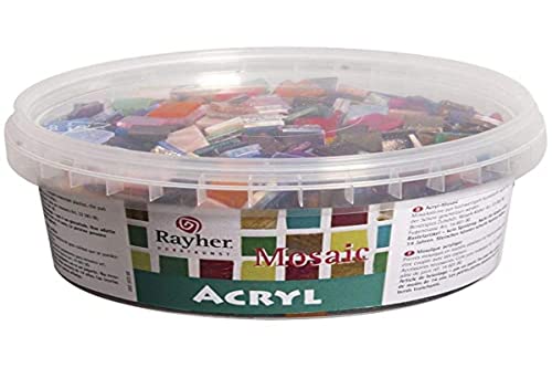 Rayher Hobby Rayher Acryl Mosaiksteine Mix, transparent, 1 x 1 cm, quadratisch, ca. 1.200 Stück, Dose 300 g, transparent, durchscheinend, bunte Mischung, Kunststoffsteine, Kunststoffmosaik, 14792999 von Rayher