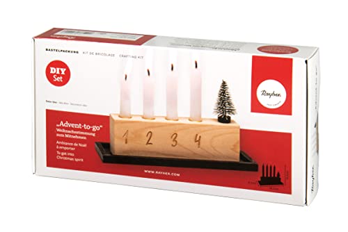 Rayher Adventskranz to go, Set 6tlg., 1 Kerzenhalter Holz 18,2 x 6,3 x 5 cm, 1 Holztablett schwarz, 4 Kerzen weiß 10,5 cm, 1 Tannenbäumchen, 70054000 von Rayher