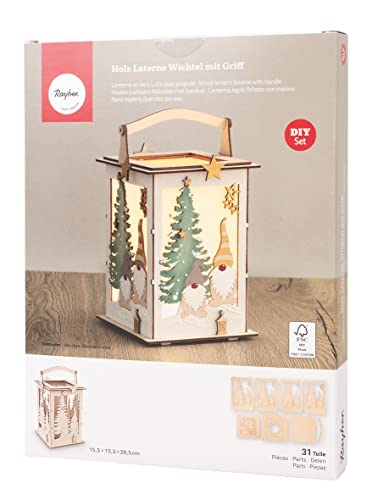 Rayher Holz Laterne Wichtel, mit Griff, 15,3 x 15,3 x 26,5 cm, Holzbausatz, 31-tlg., Windlicht, für LED-Kerze, Lichterkette, FSC zertifiziert, 64517505, Beige von Rayher