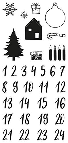 Rayher Clear Stamps Adventskalender Zahlen 1 – 24, Motiv Classic, Bogengröße 97 x 205 mm, 24 Zahlen und 9 Motive, klar, transparente Stempel, durchsichtig, Silikonstempel, 50223000 von Rayher