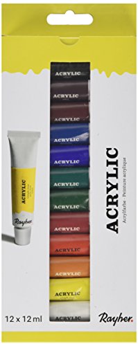 Rayher Hobby 38925000 Künstler-Acrylfarben-Set, 12 Farben, je Tube 12 ml, ideal für Keilrahmen, Papier, Pappe, Malkarton, Pappmaché, Holz, Stein, Beton, für Einsteiger und Profikünstler von Rayher