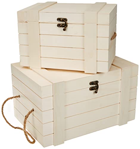 Rayher Hobby 62651000 Holz-Truhen Set mit Jutegriffen, Set 2 Stück, 30 x 20,5 x 17,3 cm und 24 x 16 x 15,5 cm, naturbelassen, Schatztruhen, Schatzkisten von Rayher