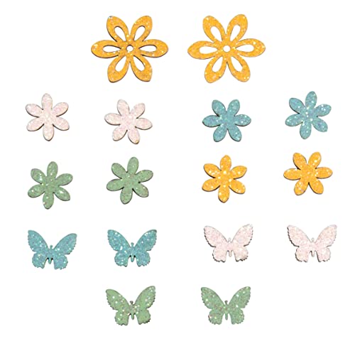 Rayher Holz-Streuteile Blumen und Schmetterlinge, bunt gemischt, 2,3 – 4 cm, mit Klebepunkt, Btl. 16 Stück, Holzstreuteile, Tischdeko, Tischschmuck, Ostern, Frühling, 46635999 von Rayher