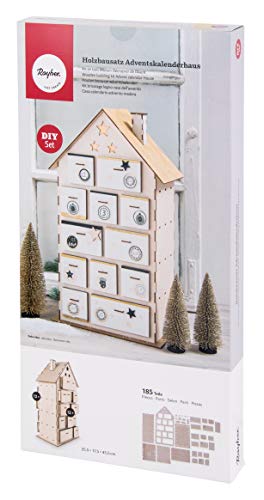 Rayher Holzbausatz Adventskalender Haus, natur, 25,5 x 17,5 x 45,5 cm, Set 185 teilig, FSC Mix Credit, Adventskalender zum Befüllen, 62910505 von Rayher