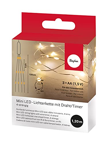 Rayher Mini-LED Lichterkette mit Draht und Timer, für den Innenbereich, flexibel, biegsam, batteriebetrieben, 4 Stränge je 120 cm, 96 LED-Lämpchen, warmweißes Licht, 69259159 von Rayher