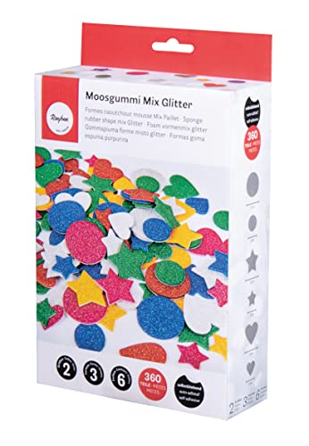 Rayher Moosgummi Mix Glitter selbstklebend, bunt, 2+3cm Ø, Box 360 Stück, 3 Formen, 6 Farben, Glitter Schaumstoff Sticker, Moosgummi-Aufkleber, zum Dekorieren 30237999 von Rayher