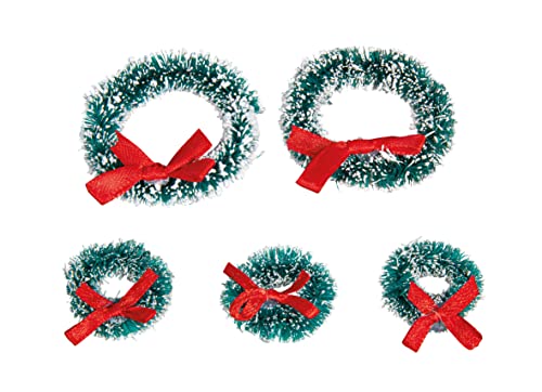 Rayher Weihnachtskränze Miniatur, beschneit, mit roter Schleife, 5 Mini-Tannenkränze, 2 Stück 5 cm ø + 3 Stück 3 cm ø, 46598282 von Rayher