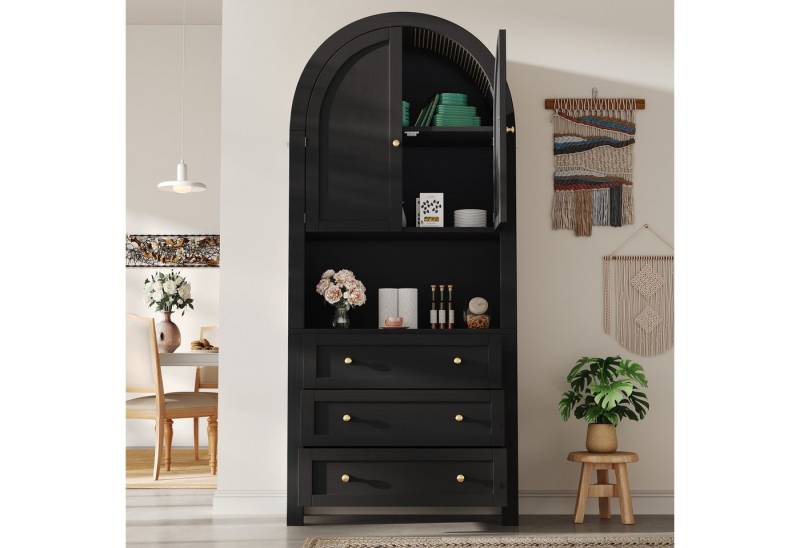 Rayofi Hochschrank Schrank mit Schubladen und Türen (mit offenem Ausstellungsbereich, freistehende hohe Bogen-Aufbewahrungstür für Küche und Wohnzimmer) 70 x 35 x 180 cm (L x B x H) von Rayofi