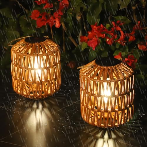 Rayofly 2 Stücke Solarlaterne für außen, Boho Solarlampen für außen Hängend/Stehend, Rattan Solar Laternen für draußen Wetterfest, Garten Solarleuchten mit LED-Glühbirne, Outdoor Terrasse Balkon Deko von Rayofly