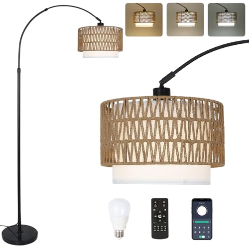 Rayofly Bogenlampe Wohnzimmer Stehlampe, Rattan Stehlampe mit Fernbedienung und LED-Glühbirne, App-Steuerung, Vintage Stehlampe mit Doppel-Lampenschirme, Boho Stehlampe für Schlafzimmer,E27 Floor Lamp von Rayofly