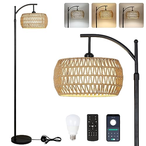 Rayofly Dimmbare Stehlampe Wohnzimmer, Rattan Stehlampe mit Fernbedienung, App-Steuerung, Boho Stehleuchte mit Rattan & Leinen Lampenschirm, Vintage Standleuchte für Schlafzimmer von Rayofly