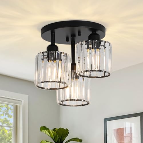 Rayofly Modern Kristall Deckenleuchte, 3-flammig Kristall Kronleuchter mit Glas Lampenschirm, Deckenlampe Hängend Wohnzimmer, Glas Pendelleuchte für Schlafzimmer, Küche, Flur, Badezimmer, Schwarz von Rayofly