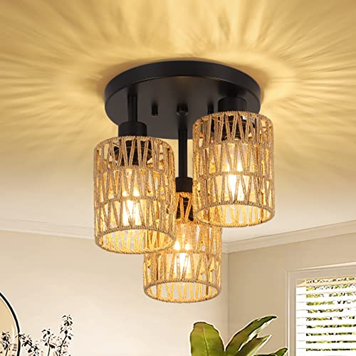 Rayofly Rattan Deckenlampe Hängend, 3-flammige Boho Deckenleuchte mit Rattan Lampenschirm, Vintage Deckenlampe Bambus, Rustikal Hängelampe Wohnzimmer, Schwarz Korb Lampe für Schlafzimmer, Küche, Flur von Rayofly