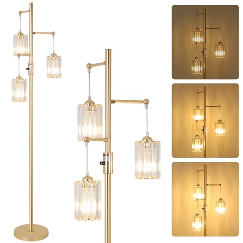 Rayofly Stehlampe Wohnzimmer Gold, 3-flammig Dimmbar Stehlampe mit Glas Lampenschirm, Modern Kristall Standleuchte Gold, Crystal Floor Lamp, Kristall Stehleuchte für Schlafzimmer Kinderzimmer Büro von Rayofly