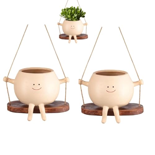 2 Stücks Schaukelnder Blumentopf - Pflanztopf Hängend Mit Gesicht De Harz 11x7,9x13,8cm, Übertopf Hängend, Niedlicher Topf Mit Lächelgesicht Und Schaukel Für Haus Und Garten von Raypontia
