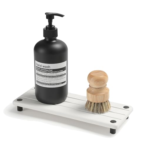 Razborci Instant Dry Spülbecken-Organizer, schnell trocknender Kieselgur Stein-Spülbeckenablage, Schwammhalter, Seifenschale, Badezimmer-Arbeitsplatte, Waschtischspender, Zahnbürstenflasche, Weiß, von Razborci