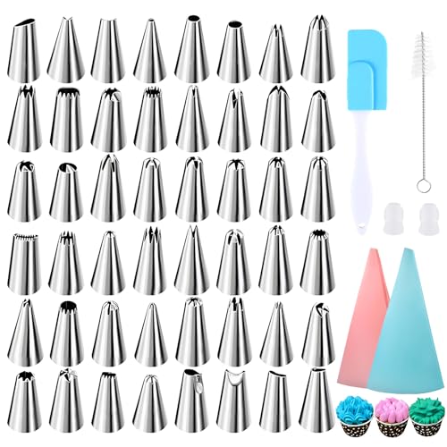 48 Stück Spritztüllen Set Spritzbeutel mit Tüllen Kommt mit 2 Stück Spritzbeutel Wiederverwendbar, 1 Stück Schaber, 1 Stück Reinigungsbürste für Cupcakes Tortenständer Kuchen Etc von Rbleote