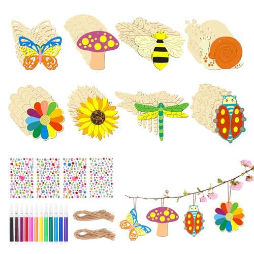 Rbleote Holzanhänger Zum Bemalen 40 Stück Bastelset Kinder,Holzblumen Zum Bemalen,40 Hanfseile,12 Wasserfarbstifte und 4 Diamantaufkleber bastelset kinder 4 jahre von Rbleote