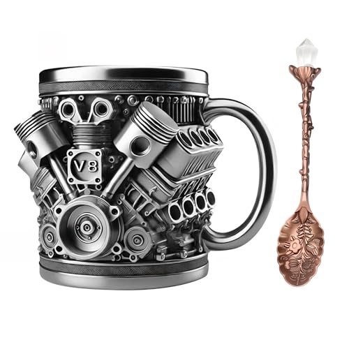 Rbleote V8 Motoren Edelstahlbecher, Motorkaffeetasse, Wird mit 1 Gemustertem Blattlöffel, Geeignet für Zuhause, Studio, Reisen,Klein Rbleote V8 Motoren Edelstahlbecher, Motorkaffeetasse, Wird mit 1 Gemustertem Blattlöffel, Geeignet für Zuhause, Studio, Reisen,Klein von Rbleote