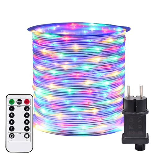 RcStarry New 10M 100LEDs Lichterschlauch Strombetrieben Lichterkette mit Fernbedienung & Timer, 8 Modi, Durchmesser 3mm Lichtschlauch IP67 Wasserdicht für Außen Innen Weihnachten DIY Deko- Bunt von RcStarry